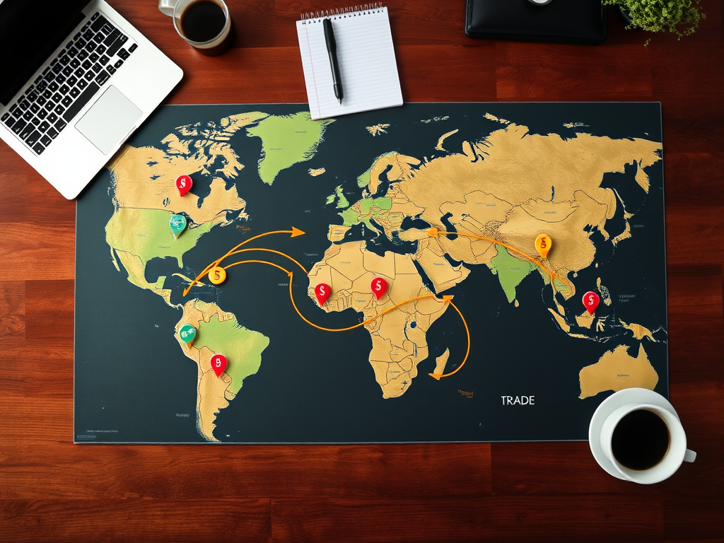Карта мира с маршрутами торговли, отмеченными значками, на столе с ноутбуком и чашкой кофе.