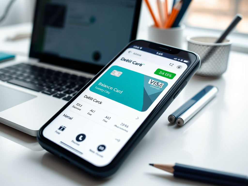 Смартфон показывает приложение для управления дебетовой картой на фоне ноутбука и канцелярских принадлежностей.