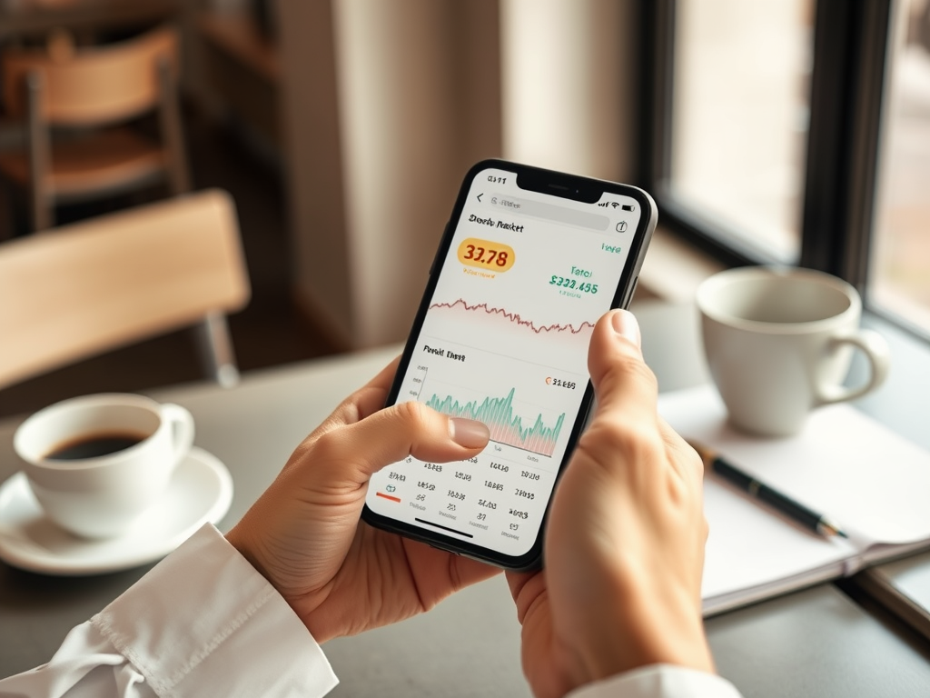 На изображении человек держит телефон с графиками финансовых данных и чашкой кофе на столе.